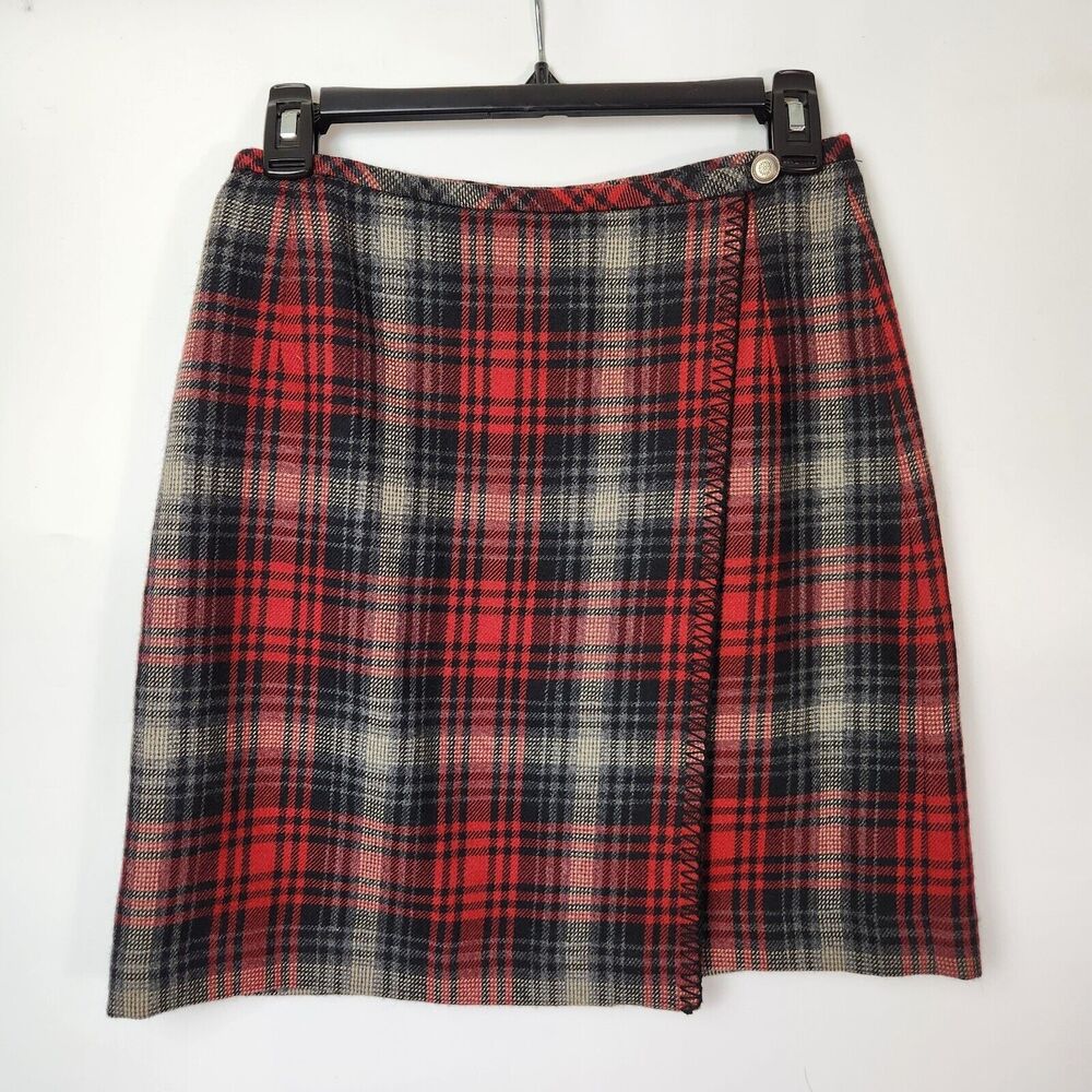 Eddie Bauer Skirt Womens Sz 4 100% Wool Red Plaid Wrap Mini Skirt Christmas‎